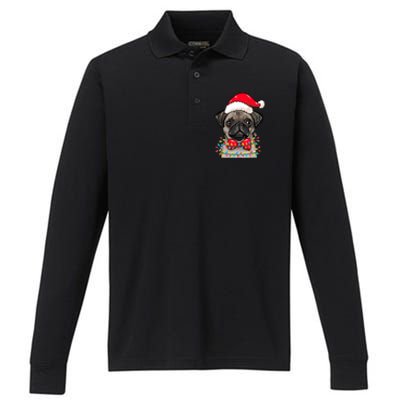 Christmas Lights Pug Wearing Xmas Hat Pug Dog Lover Great Gift Performance Long Sleeve Polo