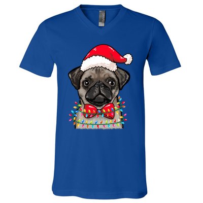 Christmas Lights Pug Wearing Xmas Hat Pug Dog Lover Great Gift V-Neck T-Shirt