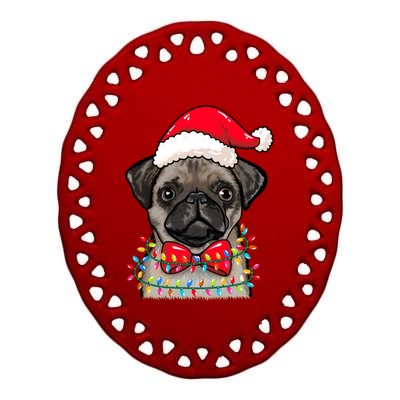 Christmas Lights Pug Wearing Xmas Hat Pug Dog Lover Great Gift Ceramic Oval Ornament