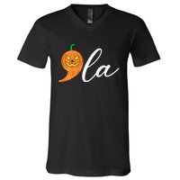 Comma +  La Pumpkin Kamala Harris Costume Halloween 2024 V-Neck T-Shirt