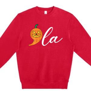 Comma +  La Pumpkin Kamala Harris Costume Halloween 2024 Premium Crewneck Sweatshirt