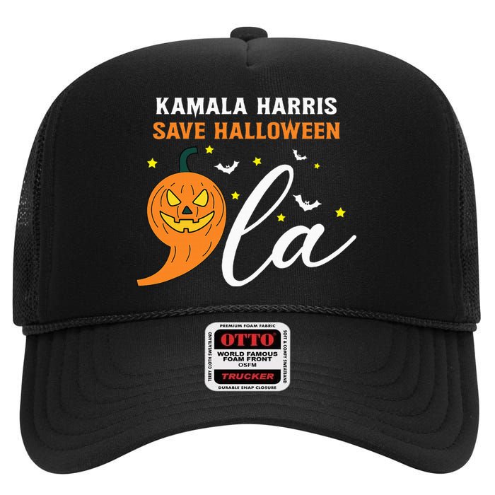 Comma +  La Pumpkin Kamala Harris Save Halloween 2024 High Crown Mesh Back Trucker Hat