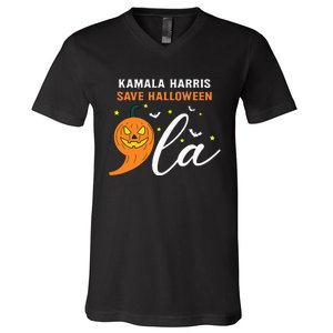 Comma +  La Pumpkin Kamala Harris Save Halloween 2024 V-Neck T-Shirt