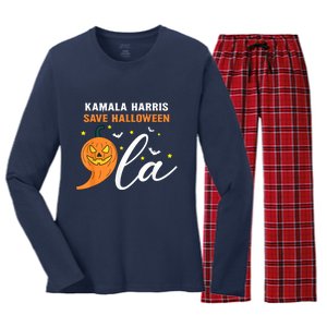 Comma La Pumpkin Kamala Harris Save Halloween 2024 Women's Long Sleeve Flannel Pajama Set 