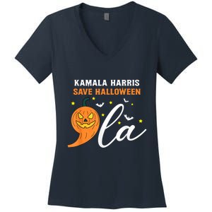 Comma La Pumpkin Kamala Harris Save Halloween 2024 Women's V-Neck T-Shirt