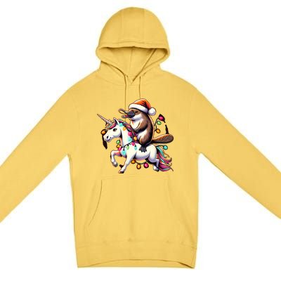 Christmas Lights Platypus Riding Unicorn Premium Pullover Hoodie