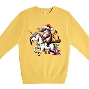 Christmas Lights Platypus Riding Unicorn Premium Crewneck Sweatshirt