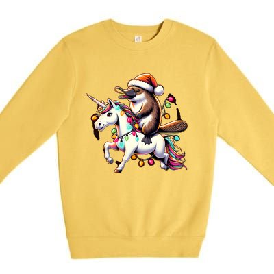 Christmas Lights Platypus Riding Unicorn Premium Crewneck Sweatshirt