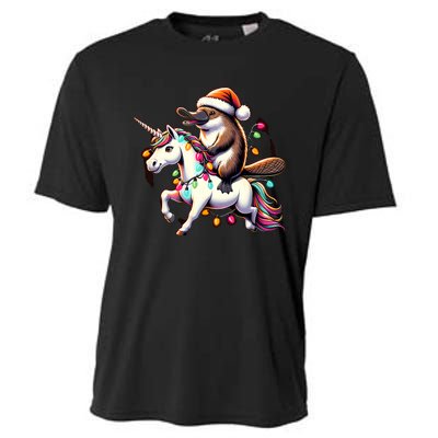 Christmas Lights Platypus Riding Unicorn Cooling Performance Crew T-Shirt