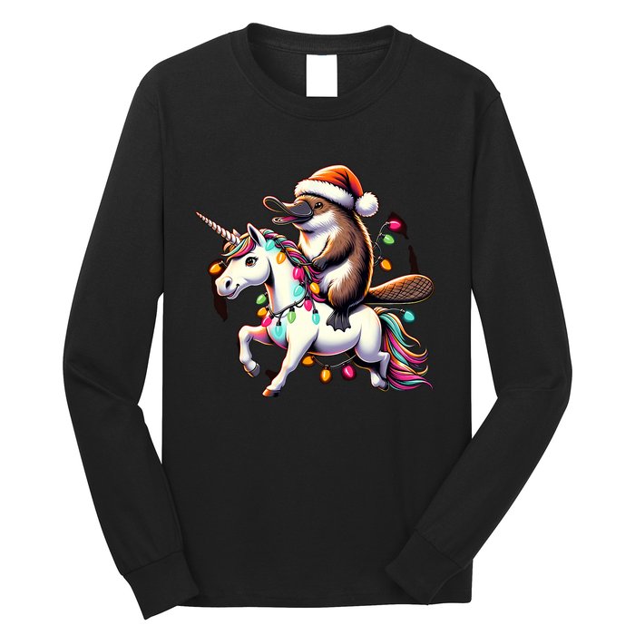 Christmas Lights Platypus Riding Unicorn Long Sleeve Shirt