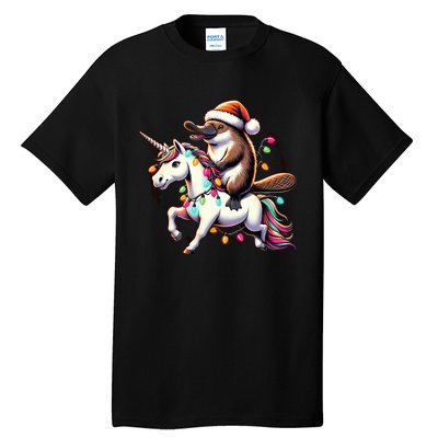 Christmas Lights Platypus Riding Unicorn Tall T-Shirt