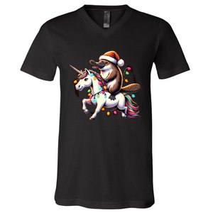 Christmas Lights Platypus Riding Unicorn V-Neck T-Shirt