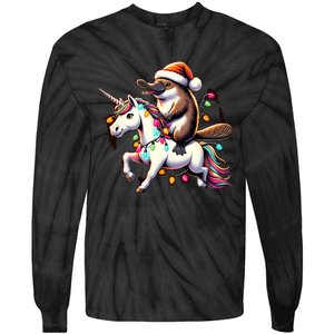 Christmas Lights Platypus Riding Unicorn Tie-Dye Long Sleeve Shirt