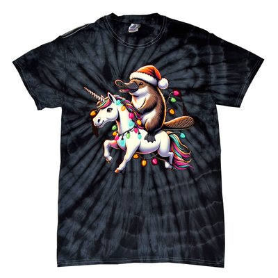 Christmas Lights Platypus Riding Unicorn Tie-Dye T-Shirt