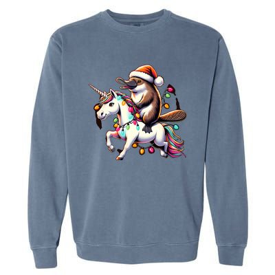 Christmas Lights Platypus Riding Unicorn Garment-Dyed Sweatshirt