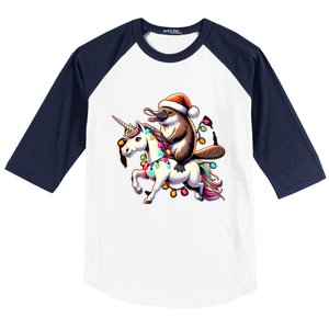 Christmas Lights Platypus Riding Unicorn Baseball Sleeve Shirt