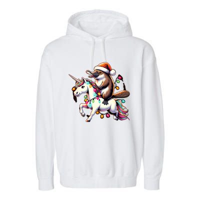 Christmas Lights Platypus Riding Unicorn Garment-Dyed Fleece Hoodie