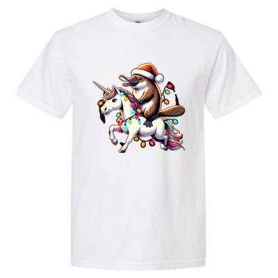 Christmas Lights Platypus Riding Unicorn Garment-Dyed Heavyweight T-Shirt