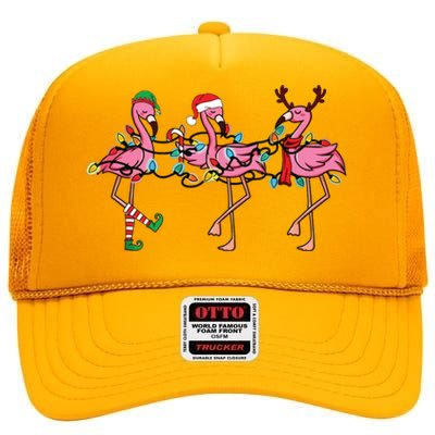 Christmas Lights Pink Flamingo Santa Hat Holiday Xmas High Crown Mesh Back Trucker Hat