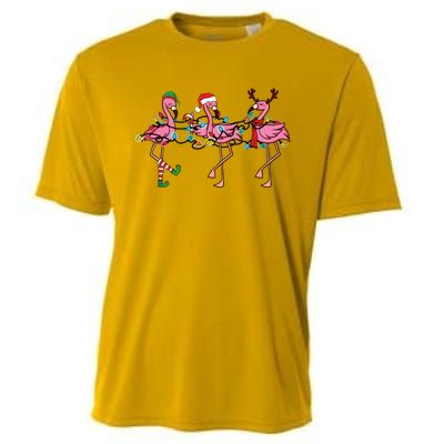 Christmas Lights Pink Flamingo Santa Hat Holiday Xmas Cooling Performance Crew T-Shirt