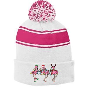 Christmas Lights Pink Flamingo Santa Hat Holiday Xmas Stripe Pom Pom Beanie