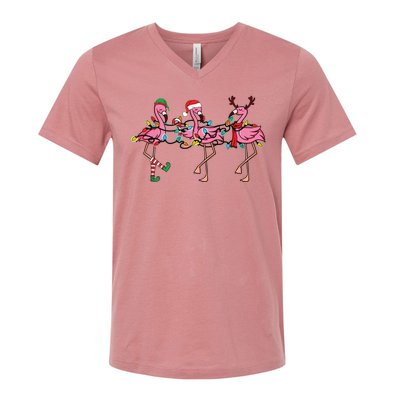 Christmas Lights Pink Flamingo Santa Hat Holiday Xmas V-Neck T-Shirt