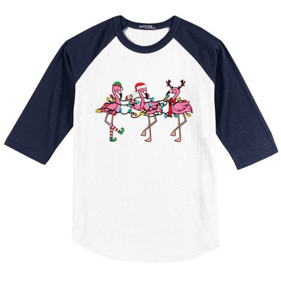 Christmas Lights Pink Flamingo Santa Hat Holiday Xmas Baseball Sleeve Shirt