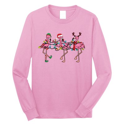 Christmas Lights Pink Flamingo Santa Hat Holiday Xmas Long Sleeve Shirt