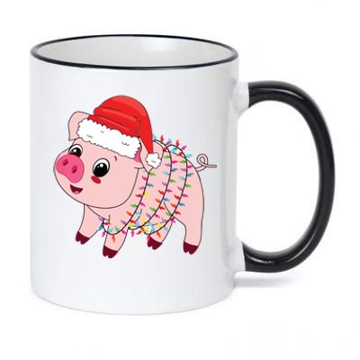 Christmas Lights Pig Wearing Xmas Hat Pig Lover Farmer 11oz Black Color Changing Mug