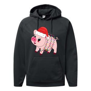 Christmas Lights Pig Wearing Xmas Hat Pig Lover Farmer Performance Fleece Hoodie