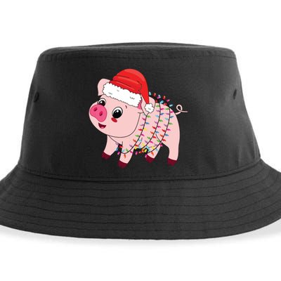 Christmas Lights Pig Wearing Xmas Hat Pig Lover Farmer Sustainable Bucket Hat