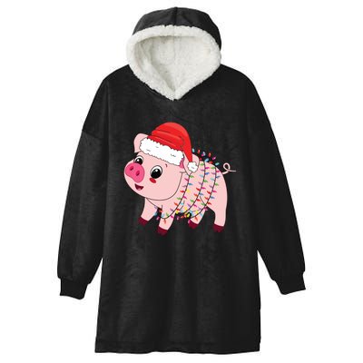 Christmas Lights Pig Wearing Xmas Hat Pig Lover Farmer Hooded Wearable Blanket