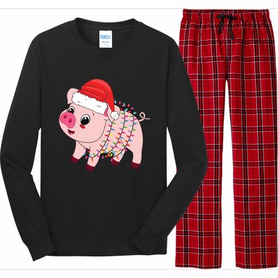 Christmas Lights Pig Wearing Xmas Hat Pig Lover Farmer Long Sleeve Pajama Set