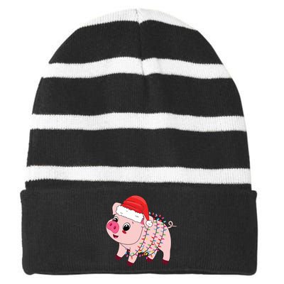 Christmas Lights Pig Wearing Xmas Hat Pig Lover Farmer Striped Beanie with Solid Band