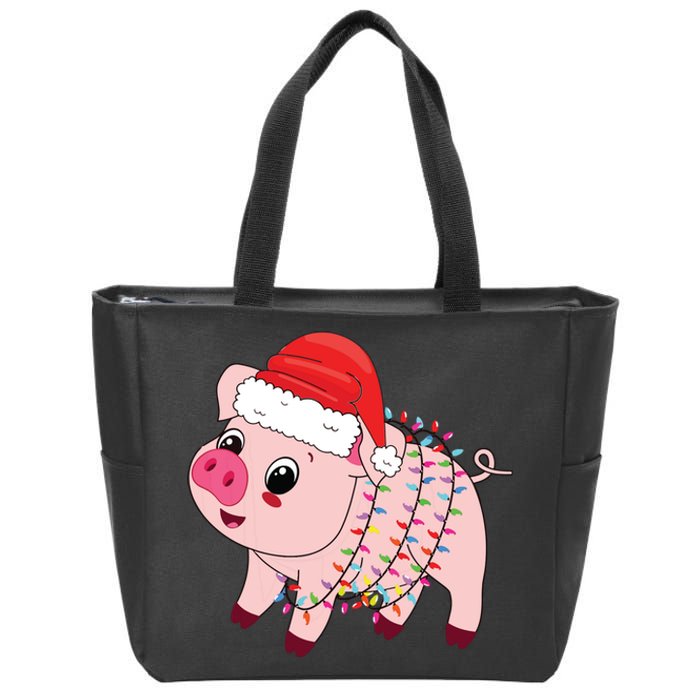 Christmas Lights Pig Wearing Xmas Hat Pig Lover Farmer Zip Tote Bag