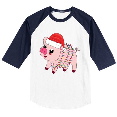 Christmas Lights Pig Wearing Xmas Hat Pig Lover Farmer Baseball Sleeve Shirt