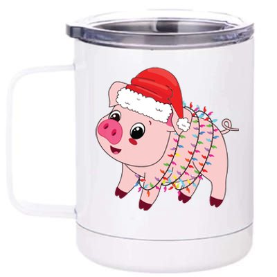 Christmas Lights Pig Wearing Xmas Hat Pig Lover Farmer 12 oz Stainless Steel Tumbler Cup