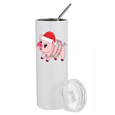 Christmas Lights Pig Wearing Xmas Hat Pig Lover Farmer Stainless Steel Tumbler