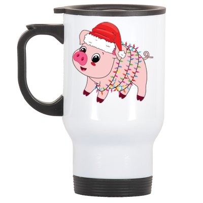 Christmas Lights Pig Wearing Xmas Hat Pig Lover Farmer Stainless Steel Travel Mug