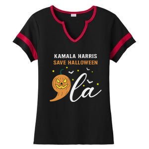 Comma + La Pumpkin Kamala Harris Save Halloween 2024 Ladies Halftime Notch Neck Tee