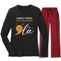 Comma + La Pumpkin Kamala Harris Save Halloween 2024 Women's Long Sleeve Flannel Pajama Set 