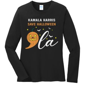 Comma + La Pumpkin Kamala Harris Save Halloween 2024 Ladies Long Sleeve Shirt