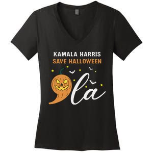 Comma + La Pumpkin Kamala Harris Save Halloween 2024 Women's V-Neck T-Shirt