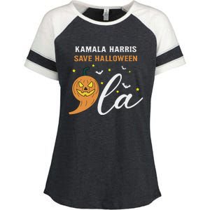 Comma + La Pumpkin Kamala Harris Save Halloween 2024 Enza Ladies Jersey Colorblock Tee