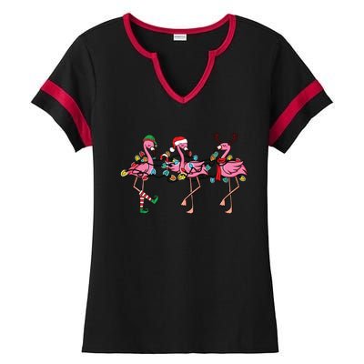 Christmas Lights Pink Flamingo Santa Hat Holiday Xmas Ladies Halftime Notch Neck Tee