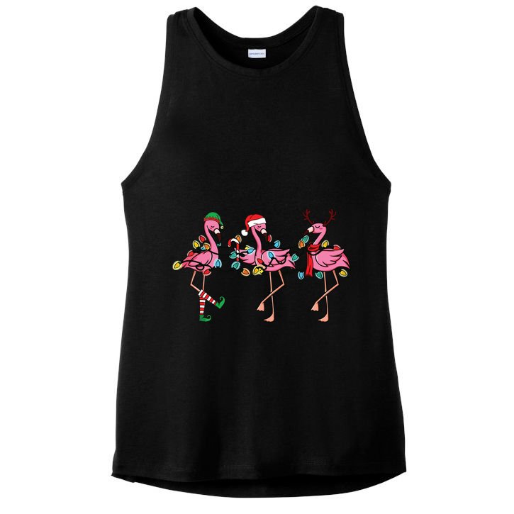 Christmas Lights Pink Flamingo Santa Hat Holiday Xmas Ladies PosiCharge Tri-Blend Wicking Tank