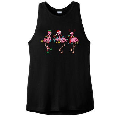 Christmas Lights Pink Flamingo Santa Hat Holiday Xmas Ladies PosiCharge Tri-Blend Wicking Tank