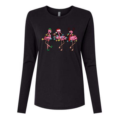 Christmas Lights Pink Flamingo Santa Hat Holiday Xmas Womens Cotton Relaxed Long Sleeve T-Shirt