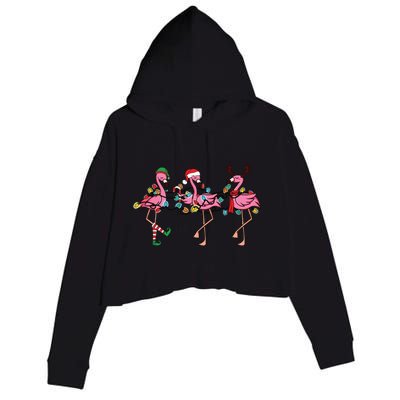 Christmas Lights Pink Flamingo Santa Hat Holiday Xmas Crop Fleece Hoodie