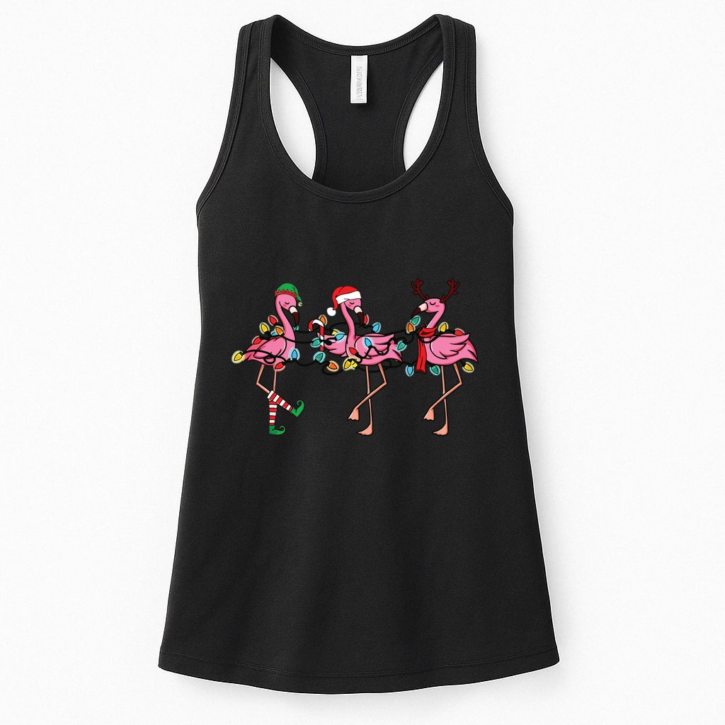 Christmas Lights Pink Flamingo Santa Hat Holiday Xmas Womens Tank Top